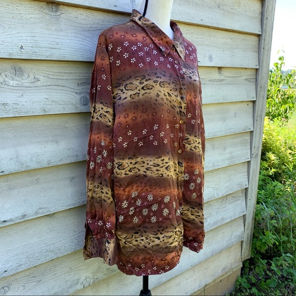 Vintage 90s Bob Mackie Silk Floral Leopard Print Button Down Long Sleeve Shirt - Picture 3 of 16